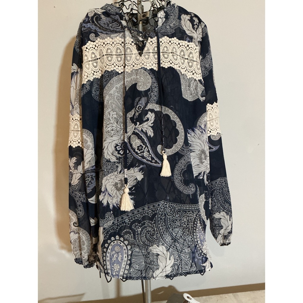 Melissa Paige Navy Blue Paisley Lace Crochet Tassel Peasant Blouse XL